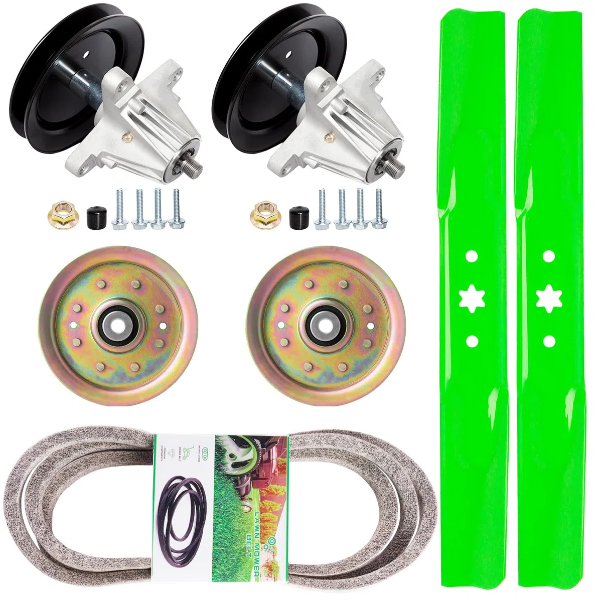Kit de reconstrucción de cubierta de cortacésped compatible con Sears Craftsman modelo LT2000 de 42 pulgadas, incluye (2) husillos 918-04822 (2) poleas tensoras planas 756-04129 (2) cuchillas