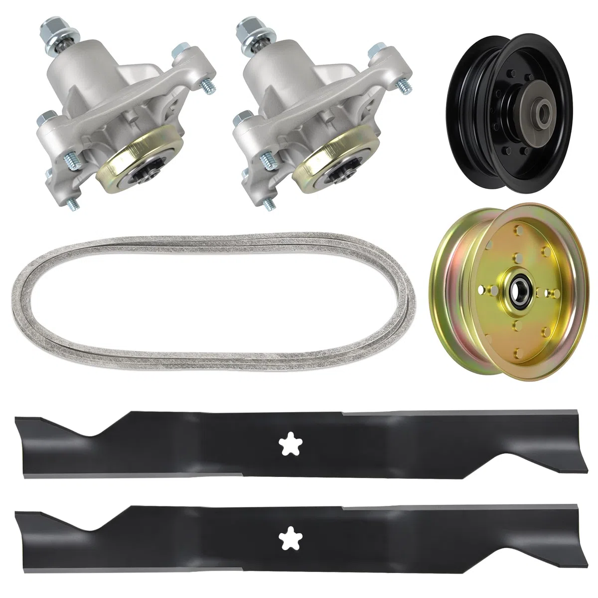 Kit de reconstrucción de cortacésped de cubierta de 46 pulgadas compatible con Hus qvarna RZ4621/RZ4623 (2010-2014), incluye 2 husillos (174356), 2 cuchillas (405380), 2 ruedas tensoras