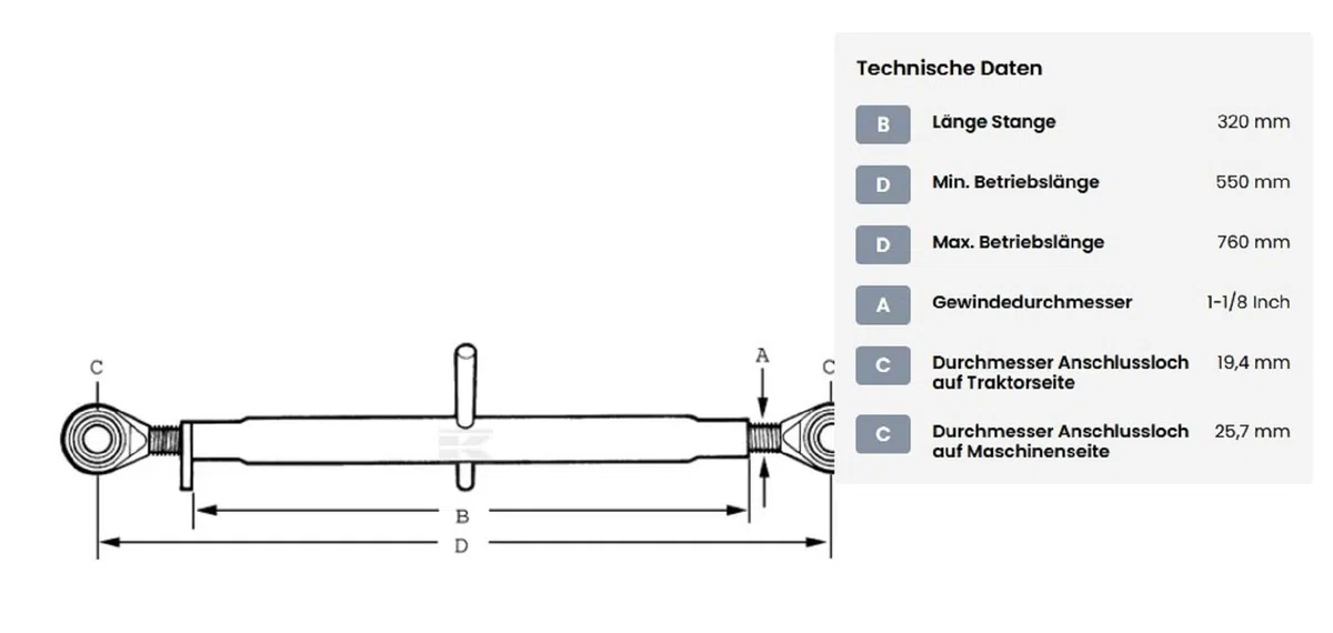 Brazo tercer punto para tractores John Deere CAT 1/2 longitud brazos 550-760 mm agujero 19,4-25,7 KRAMP
